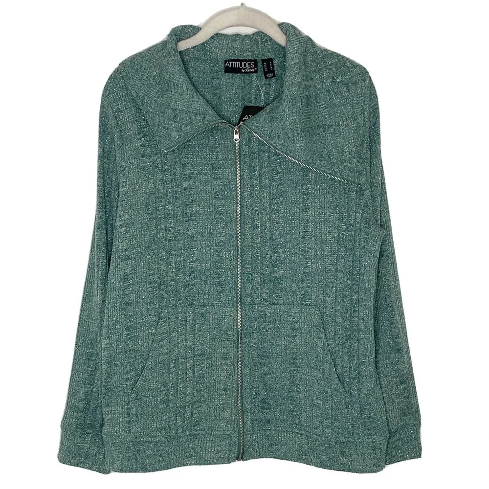 ATTITUDES BY RENEE Glitter Green Collar Zip Up Knit Cardigan Size Small New